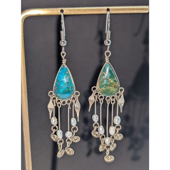 Sterling Pearl Turquoise Dangle Earrings Missing Middle Rod & Pearl - Picture 4 of 5